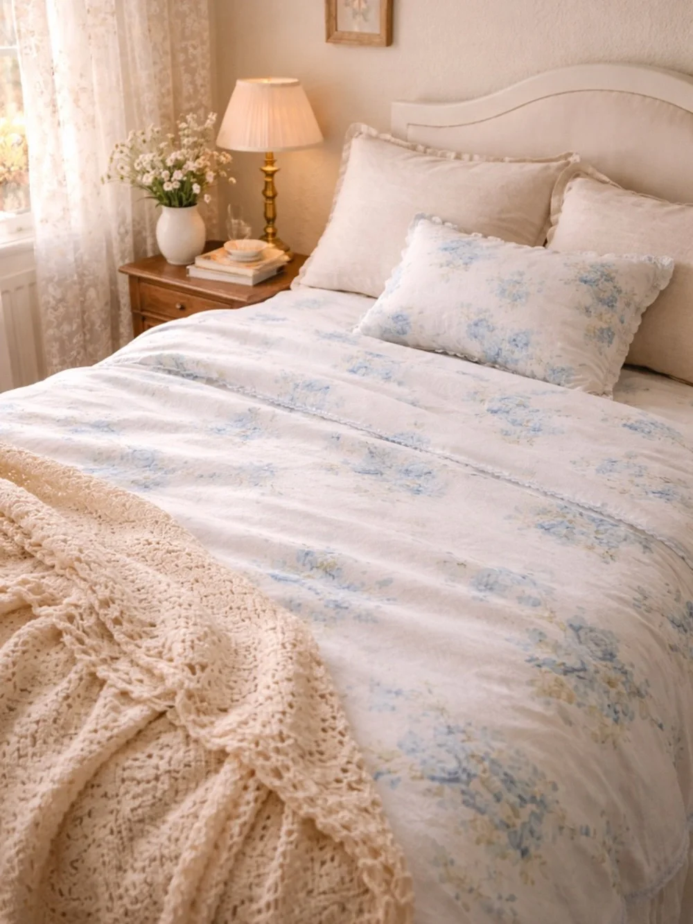 Vintage Blue Floral‎ Flat Sheet Cottagecore Bedding Shabby Chic Fabric Full size